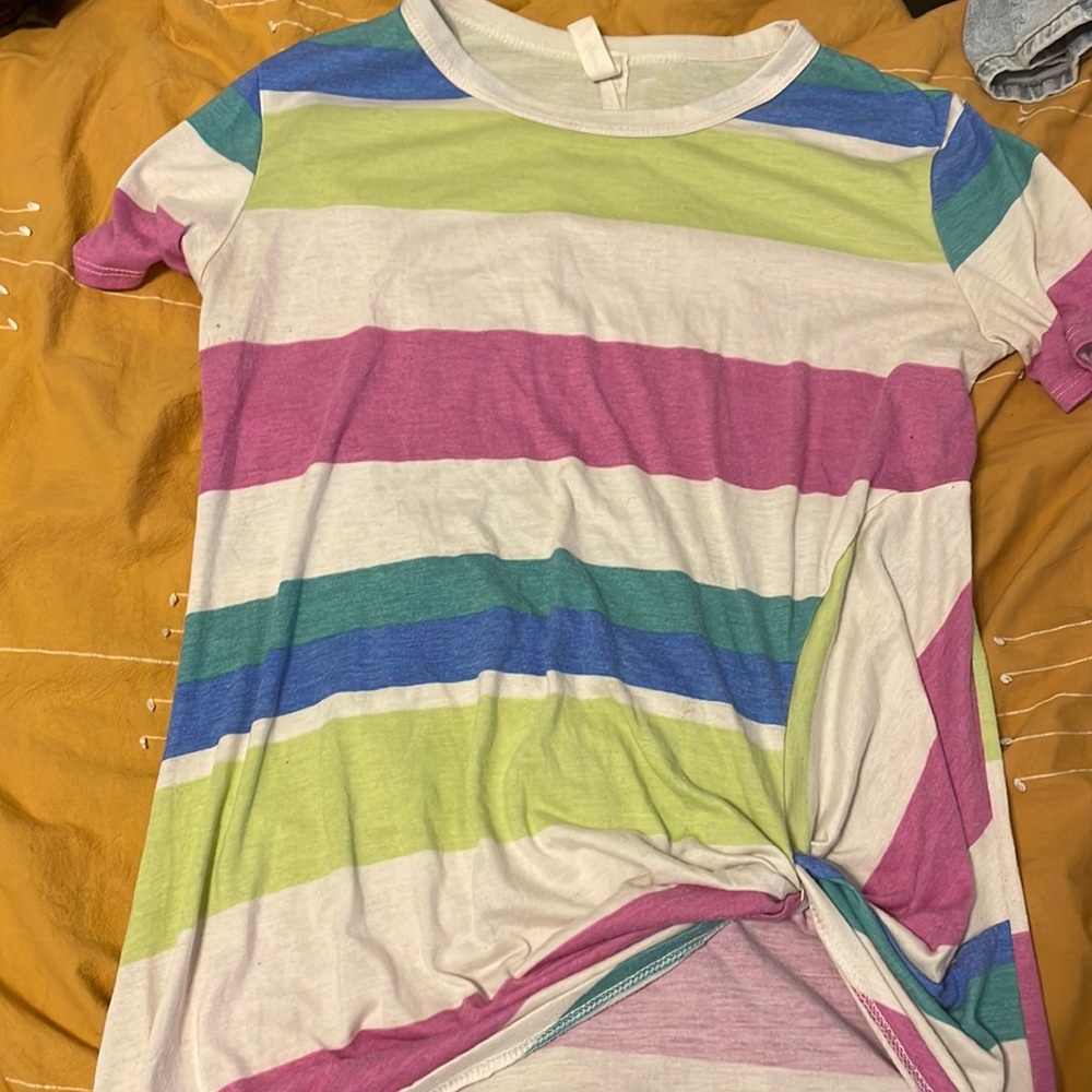 Women’s tee white pink green and blue